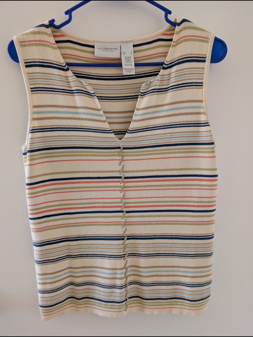 Liz Claiborne Cream Multicolor Striped V-Neck Tank